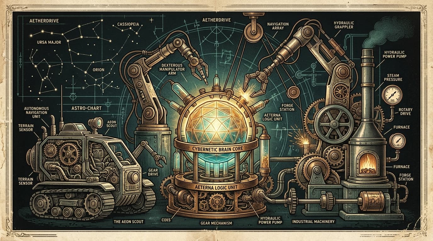 Steampunk technical woodcut illustration of physical AI systems and robotics gears