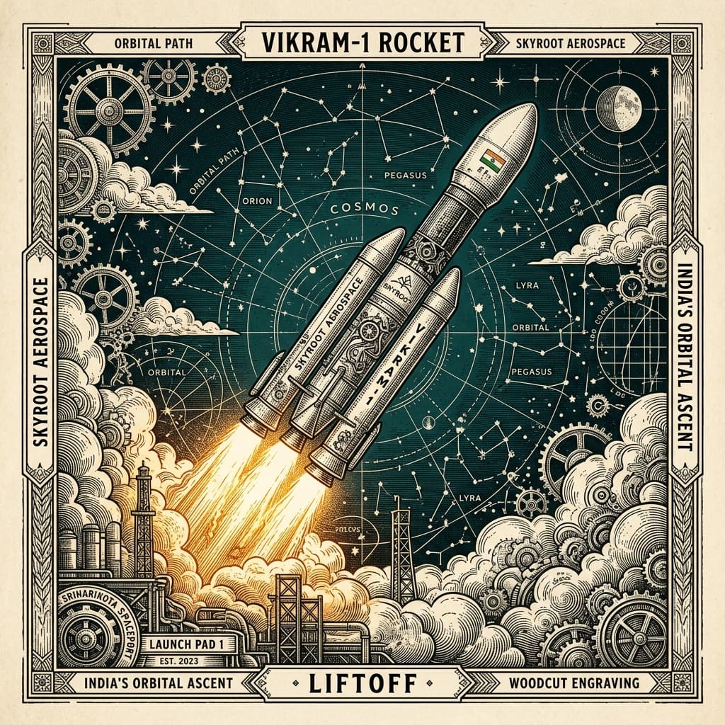 Skyroot Aerospace Vikram-1 Rocket Woodcut Engraving